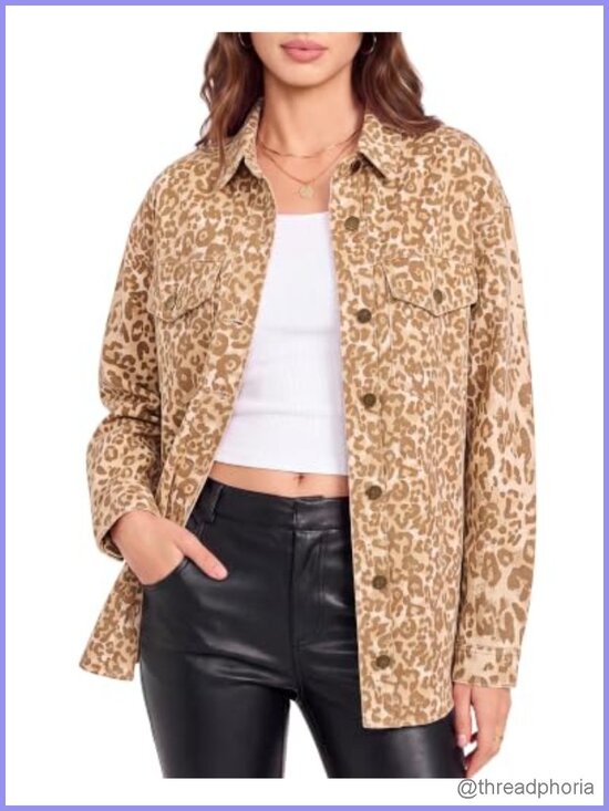 Jackets & Blazers - Oversized Cheetah Print Denim Shacket Button Down Cotton Jean Jacket